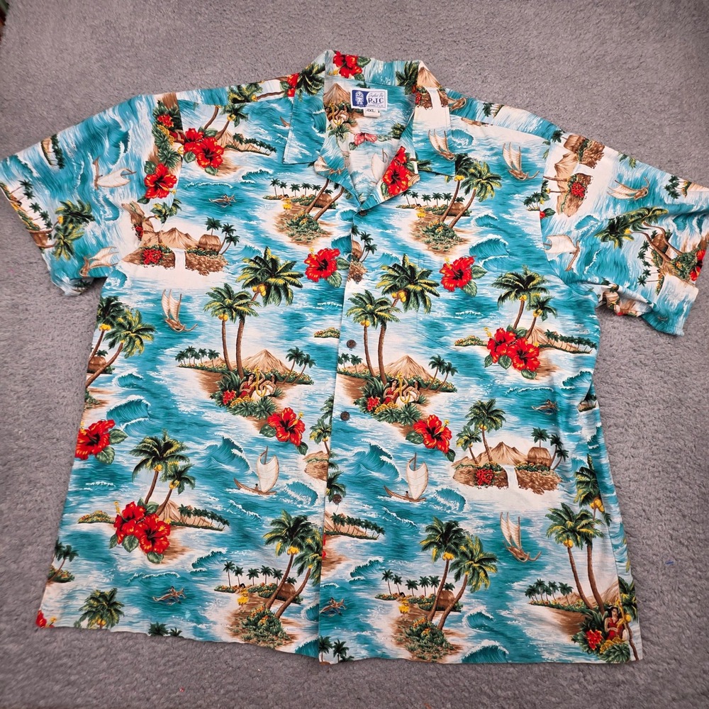 RJC Hawaiian Shirt Mens 4XL Blue Vintage Made in USA Cotton Tropical Scenic Tiki - Picture 2 of 12
